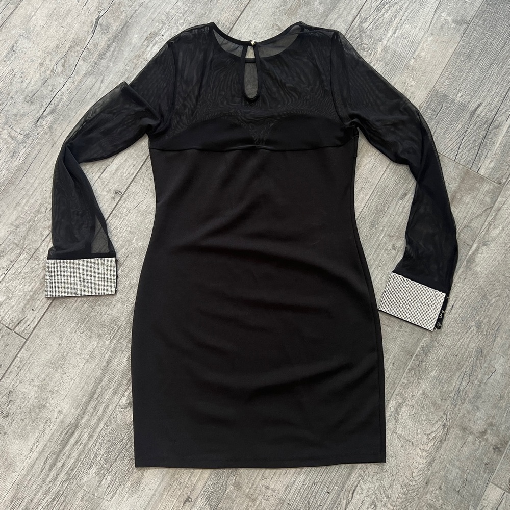 Party Black Mesh Top Bodycon Mini Dress with Silver Sparkle Cuffs